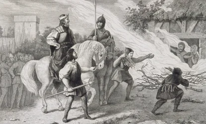 Chlotaire I (497-561) queima seu filho rebelde e sua família, de &39;Histoire de France&39; por Colart, publicado em 1840