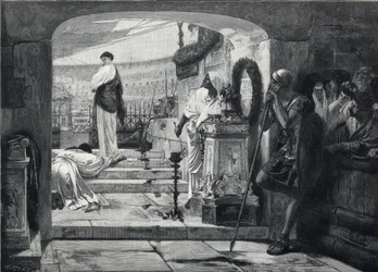 Um mártir cristão a entrar na arena para ser entregue aos animais. Gravura após o quadro de Albret Baur.