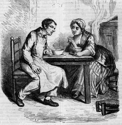 Christophe e a gorda Sylvie: criados a tomar o pequeno-almoço. Gravura de meados do século XIX. Ilustração para "O Padre Goriot" de Honore de Balzac (1799-1850).