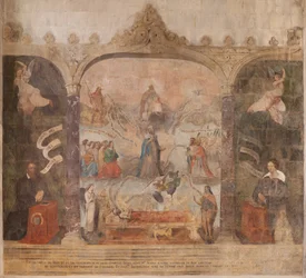 Igreja (Eglise Saint-Jean-Baptiste). Interior. Capela Saint-Fursy. Pinturas murais. A glorificação de Maria (fresque dite de la bonne mort). Início do século XVII.