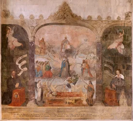 Igreja (Eglise Saint-Jean-Baptiste). Interior. Capela Saint-Fursy. Pinturas murais. A glorificação de Maria (fresque dite de la bonne mort). Início do século XVII.