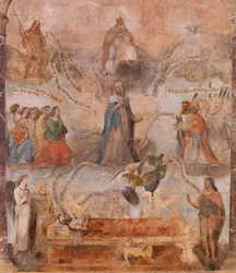 Igreja (Eglise Saint-Jean-Baptiste). Interior. Capela Saint-Fursy. Pinturas murais. A glorificação de Maria (fresque dite de la bonne mort). Início do século XVII.