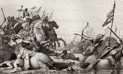 Clodion, The Hairy (c.428-47) Retiros em toda a ponte após sua derrota por Aécio, de &39;Histoire de France&39; por Colart, publicado c.1840