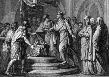 Clotaire (Clothaire) II (584-628), presidindo o primeiro "Champ de mars", ou Placita (Plaids), um parlamento ambulatório, após a reunificação dos quatro reinos da França em 613. Gravura do século XVIII.