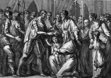 Clotaire (Clothaire) II, conhecido como o Jovem (584-628), rei coroado de Neustria por seu tio, Gontran I (ca. 545-592), rei de Orleans e Borgonha. Sua mãe, a rainha Fredegonde (ca. 545-597), o segura em seus braços. 584. Gravura do século XVIII.