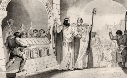 Clovis II (635-57) Vendendo Prata e Ouro do Santuário para Alimentar os Pobres, de &39;Histoire de France&39; de Colart, publicado em 1840
