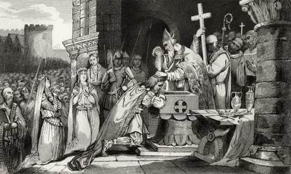 Clovis I (465-511) Batizado com homens de seu exército antes da Batalha de Tolbiac, de &39;Histoire de France&39; por Colart, publicado em 1840
