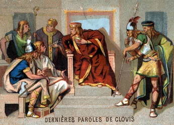 As últimas palavras de Clovis: "Infeliz estou! Continuo como um viajante entre estranhos e não tenho mais pais para me apoiar se a adversidade vier." Cromolitografia da série "Educação Patriótica pela Imagem".