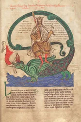 Cod. Guelf. 1 Gud. lat. 42r, o Anticristo cavalgando o Leviatã, do Liber Floridus de Lambert de Saint-Omer, c. 1120