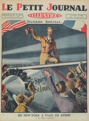 Coronel Charles Lindbergh (1902-74) em sua chegada ao aeroporto de Le Bourget após o primeiro voo transatlântico de Nova York a Paris em 21 de maio de 1927, capa do Le Petit Journal, 5 de junho de 1927 (col