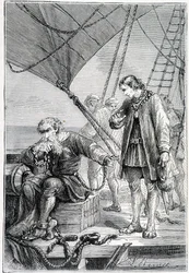 Colombo preso como um vilão (no convés do navio), doente. "Discovery de la Terre" de Jules Verne, ed. Hetzel, n.d. 19.