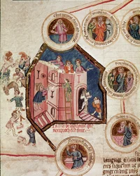 Canteiro de obras da Torre de Babel na Babilónia Página extraída do manuscrito "Genealogia da Bíblia" da escola francesa. Século XIV Cremone, biblioteca governativa