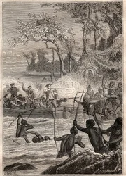 Continua com as setas: Viagem de Philip Carteret ou Philippe de Carteret (1733-1796) nas ilhas de Santa Cruz, Notemely à ilha de Nendo (Santa Cruz, Ndeni, Nitendi ou mesmo Ndende), em 1767 - ilustração tirada de "The Great Mariners of the 18