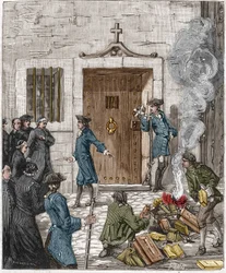 Convicção da Sociedade dos Jesuítas, na sequência da decisão do Parlamento de Paris de 6 de Agosto de 1762. O tribunal ordenou que mais de 24 livros e livros feitos pelos jesuítas fossem queimados pelo verdugo. Gravura do século XIX.