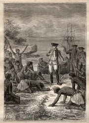 Recepção de Cook pelos nativos - Terceira viagem de James Cook - Cook recebido pelos nativos - Terceira viagem de James Cook no Oceano Pacífico - ilustração tirada de "The Great Mariners of the 18 century" por Jules Verne