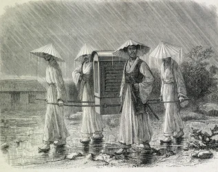 Coreanos vestidos num palanquim (fato de chuva dos coreanos) transportando uma cadeira. Ilustração retirada de "An expedition in Korea" de H. Zuber, antigo oficial da marinha (1866) - in "Tour du Monde".