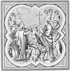 Coroação de Carlos Magno (742-814), segundo uma miniatura das Crónicas de Saint-Denis