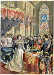 Coroação da rainha Guilhermina dos Países Baixos. Coroação da rainha Guilhermina da Holanda (1880-1962) (Wilhelmina Helena Pauline Maria van Oranje-Nassau) na Nieuwe Kerk, em Amesterdão - Ilustração para Le Petit Journal