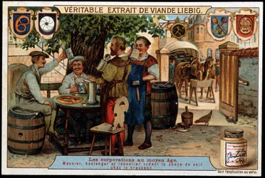 Corporações na Idade Média: moleiro, padeiro e cooperador esvaziando a caneca da noite na casa da cervejaria. Cromolitografia de finais do século XIX.
