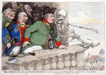A Córsega e os seus sanguinários olhando para Paris através da janela das Tulherias - em "Napoleão I", caricaturas, coleção de bonecos, c. 1814-1815.