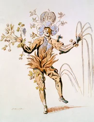 Figurino para os quatro elementos em um balé de corte do século XVII, fac-símile feito por Guillaumot fils (gravura colorida à mão)