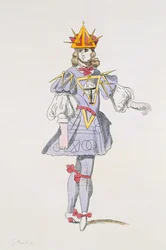 Figurino de Geometria em balé da corte do século XVII, da coleção Menus Plaisirs, fac-símile de A. Guillaumot Fils (gravura colorida)