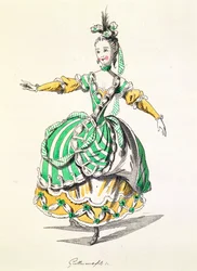 Figurino de Phrygienne, em Dardano, libreto de Leclerc de Labruere, composto por Jean-Philippe Rameau (1683-1764) fac-símile de A. Guillaumot Fils (gravura colorida)
