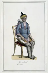 Traje da Groenlândia - no "Album des voyages, les peuples de la terre" do Abade Paul Jouhanneaud, Librairie des Bons Livres, Limoges