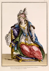 Traje para a esposa dos sultões em La Comédie Française, estampa feita por Patus (gravura colorida à mão)