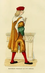 Traje de um comerciante francês do século XVII, gravura a cores, in "France et les francais a travers les centuries" de Augustin Challamel, F. Roy editor, Paris 1882. Coleção Selva.