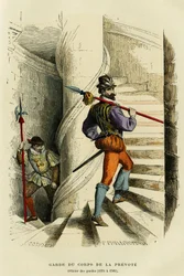 Traje do guarda-costas do pregoeiro, seguido por um oficial da guarda (1574 a 1589). Gravura a cores, em "France et les francais a travers les siecles" de Augustin Challamel, editor de F.Roy, Paris 1882. Coleção Selva.