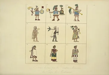 Trajes Desenhados pelos Pintores Mexicanos do Tempo de Montezuma, ilustração de Vistas das Cordilheiras e Monumens dos Povos Indígenas da América por Alexander von Humboldt e Aime Bonpland, 1