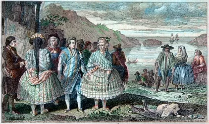 Trajes dos habitantes de La Conception (Chile) - Atlas du Voyage de La Perouse (Laperouse) no mundo inteiro durante os anos 1785-1788, Paris 1797.