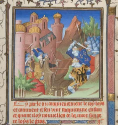 Algodão Nero E II pt.1, f.222, Batalha de Luís VII e seu pai, de Grandes Chroniques de France