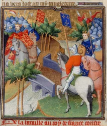 Algodão Nero E. II pt.2, f.40v Inglaterra e França em guerra, ilustração de 