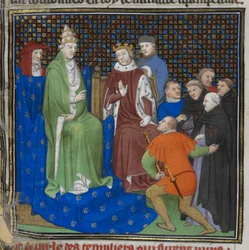 Algodão Nero E II pt2 fol.100v Os Templários perante Filipe IV (1268-1314) e o Papa Clemente V (c.1260-1320), de 