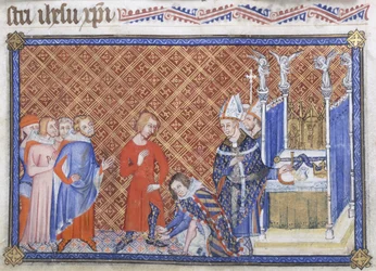 Cotton Tiberius B VIII f.48v, Filipe, o Audaz, duque da Borgonha, coloca as esporas no rei Carlos V, ilustração do «Livro do Mestre da Coroação»