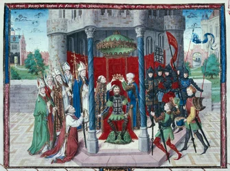 Conde Jean de Brienne, miniatura de "Les chroniques de Jherusalem abregies", c.1450 (têmpera sobre velino)