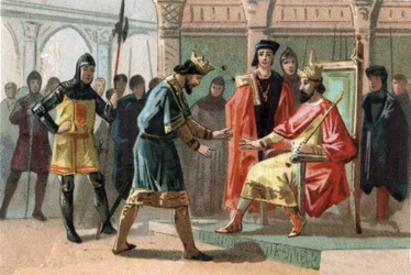 O Conde Louis de Crecy, ameaçado pelos habitantes de Kortrijk, pediu ajuda ao Rei da França Charles Le Bel (1294-1328). Cromolitografia por volta de 1890.