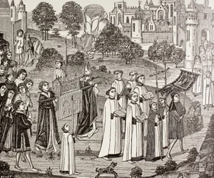 Conde Renier levando o corpo de Santa Verônica para a igreja de St. Waudru em Mons, de "A vida militar e religiosa na Idade Média" por Paul Lacroix, publicado em Londres c.1880