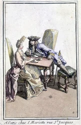 Casal tomando café - gravura