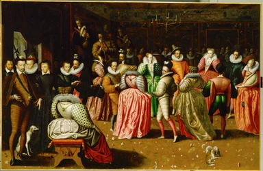 Baile da corte no Palais du Louvre por ocasião do casamento de Anne, Duc de Joyeuse ...