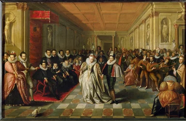 Baile da corte no Palais du Louvre por ocasião do casamento de Anne, Duc de Joyeuse ...