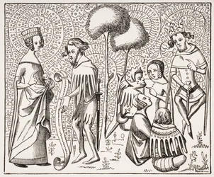 Corte do Amor na Provença, depois de um manuscrito do século XIV, de Le Moyen Age et La Renaissance, de Paul Lacroix (1806-84), publicado em 1847