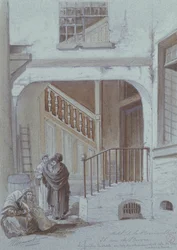 Pátio e laboratório da Marquesa de Brinvilliers, 28 rue de Bievre, Paris (giz e guache sobre papel)