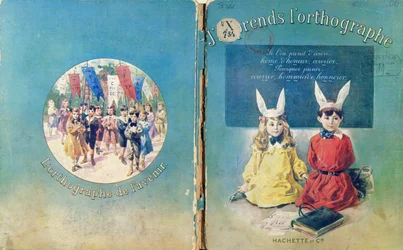 Capa de ilustração e contra-capa de um livro escolar francês sobre a escrita, publicado pela Hachette em Paris, 1905