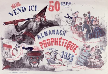 Capa de um almanaque profético retratando Nostradamus, 1855