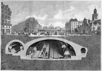 Troço transversal representando o projecto de metro em Paris, do Vilette aos salões centrais, em 1861. Gravura no "Le Monde Illustré" n°213 de 11 de Maio de 1861.