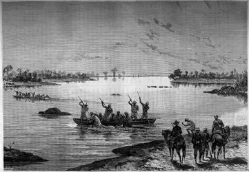 Atravessar o Níger de barco por missionários... Gravura na ilustre revista "Juventude