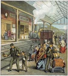 Multidão no cais de uma estação de trem na Inglaterra